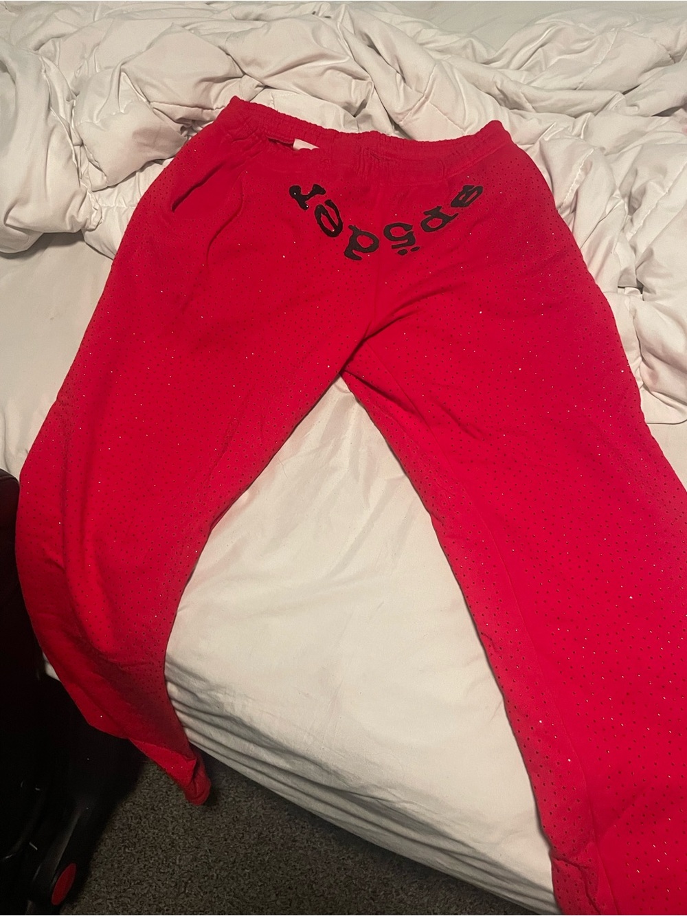 Red rhinestone sp5der sweatpants